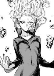 Rule 34 | 1girl, breasts, covered navel, floating hair, floating rock, greyscale, high collar, long hair, monochrome, nakuta, one-punch man, small breasts, solo, tatsumaki, white background