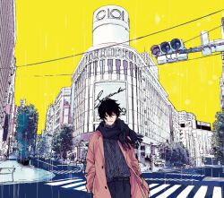 Rule 34 | 1boy, bishounen, black eyes, black hair, black pants, black sweater, building, city, coat, commentary, crosswalk, given, kizu natsuki, male focus, marui (company), murata ugetsu, open clothes, open coat, pants, scarf, short hair, solo, sweater, symbol-only commentary, traffic light, tree, yellow background