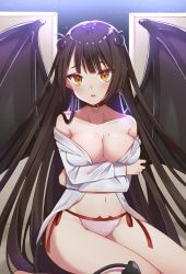 Rule 34 | 1girl, backlighting, bare shoulders, black hair, blush, breasts, brown eyes, cleavage, collar, collarbone, commentary request, curled horns, demon girl, demon horns, demon tail, demon wings, groin, horns, itoi toi, jacket, large breasts, long hair, long sleeves, looking at viewer, mole, mole on breast, navel, no bra, off shoulder, open clothes, open jacket, original, panties, parted lips, side-tie panties, solo, stomach, tail, thighs, underwear, very long hair, white jacket, white panties, wings