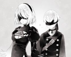 Rule 34 | 1boy, 1girl, 2b (nier:automata), 9s (nier:automata), blindfold, breasts, choker, commentary request, covered eyes, dress, greyscale, jacket, malt 40, monochrome, nier:automata, nier (series), short hair, small breasts, upper body