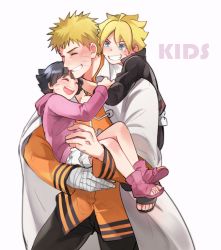 Rule 34 | 1girl, 2boys, ahoge, arm around neck, bandaged hand, bandages, black hair, black jacket, black pants, blonde hair, blue eyes, boruto: naruto next generations, brother and sister, clenched teeth, coat, collared jacket, english text, closed eyes, facial mark, father and daughter, father and son, grin, hand on another&#039;s arm, happy, high collar, holding, hood, hood down, hoodie, hug, hug from behind, jacket, layered skirt, light blush, looking at another, looking down, messy hair, multiple boys, naruto (series), open clothes, open coat, orange jacket, pants, pink footwear, pink hoodie, shoes, short hair, siblings, simple background, skirt, smile, spiked hair, teeth, toeless footwear, tsurime, upper teeth only, uzumaki boruto, uzumaki himawari, uzumaki naruto, v-shaped eyebrows, very short hair, warable, white background, white coat, white skirt