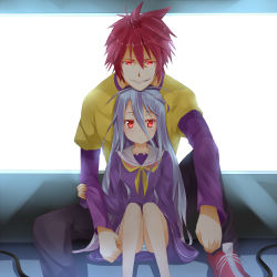 Rule 34 | 10s, 1boy, 1girl, blue hair, brother and sister, brown hair, collarbone, ffmania7, foreshortening, hair between eyes, height difference, isshiki (ffmania7), layered sleeves, long hair, long sleeves, looking at viewer, neckerchief, no game no life, panties, pantyshot, red eyes, red hair, school uniform, serafuku, shiro (no game no life), shoes, short over long sleeves, short sleeves, siblings, silver hair, sitting, sitting on lap, sitting on person, smirk, sora (no game no life), striped clothes, striped panties, underwear