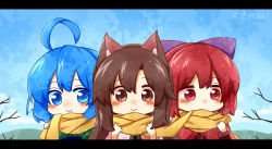 Rule 34 | 3girls, :&gt;, ahoge, animal ears, bare tree, blue eyes, blue hair, blue sky, blush stickers, bow, brown eyes, brown hair, chibi, day, eyebrows, fins, hair between eyes, hair bow, head fins, highres, imaizumi kagerou, letterboxed, long hair, multiple girls, purple bow, red eyes, red hair, scarf, sekibanki, shared clothes, shared scarf, short hair, sky, totoharu (kujirai minato), touhou, tree, upper body, wakasagihime, wolf ears, yellow scarf
