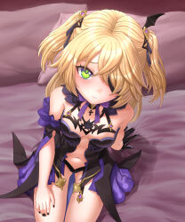 Rule 34 | 1girl, absurdres, bare shoulders, black dress, black gloves, black nails, black ribbon, blonde hair, bow, bowtie, breasts, commentary request, dress, eyepatch, fischl (genshin impact), genshin impact, gloves, green eyes, hair ribbon, highres, luizhtx, medium breasts, nail polish, navel, purple bow, purple bowtie, ribbon, single glove, solo, stomach, two side up