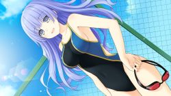 Rule 34 | 10s, 1girl, breasts, collarbone, competition swimsuit, covered navel, date a live, dutch angle, game cg, goggles, grey eyes, izayoi miku, long hair, medium breasts, official art, one-piece swimsuit, open mouth, outdoors, purple eyes, sideboob, solo, swimsuit, tsunako, unworn goggles
