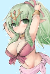Rule 34 | 1girl, bare shoulders, bikini, blue background, blush, breasts, cleavage, closed mouth, collarbone, commentary request, fire emblem, fire emblem awakening, front-tie bikini top, front-tie top, green eyes, green hair, hair between eyes, headpiece, high ponytail, kourourin, large breasts, long hair, looking at viewer, nintendo, pink bikini, pointy ears, ponytail, simple background, smile, solo, swimsuit, tiki (adult) (fire emblem), tiki (adult) (summer) (fire emblem), tiki (fire emblem)
