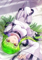 Rule 34 | 1girl, absurdres, c.c., code geass, diffraction spikes, fingernails, glint, green hair, hair between eyes, highres, kachin, long hair, lying, on back, parted lips, sleeves past fingers, sleeves past wrists, solo, thigh gap, twitter username, yellow eyes