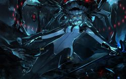 Rule 34 | 10s, 1girl, abyssal ship, bodysuit, cane, cape, dark, gloves, glowing, glowing eyes, highres, kantai collection, monster, pale skin, personification, red eyes, saberiii, silver hair, skin tight, solo, wo-class aircraft carrier, yellow eyes