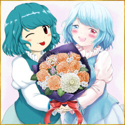 Rule 34 | 2girls, :d, ;q, artist request, blue eyes, blue hair, blue vest, blush, bouquet, collaboration, dahlia, daisy, dual persona, flower, gentiana (flower), heterochromia, highres, holding, holding bouquet, juliet sleeves, long sleeves, looking at viewer, multiple girls, one eye closed, open mouth, orange flower, orange rose, parasite oyatsu, puffy sleeves, purple flower, red eyes, rose, short hair, smile, spider lily, tatara kogasa, tongue, tongue out, touhou, vest, white flower, white spider lily, zun (style)