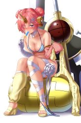 Rule 34 | 1girl, absurdres, bandages, bikini, bikini around one leg, blue bikini, blue eyes, blush, breasts, cleavage, collarbone, detached sleeves, double bun, fate/grand order, fate (series), food, food in mouth, frankenstein&#039;s monster (fate), frankenstein&#039;s monster (swimsuit saber) (fate), frankenstein&#039;s monster (swimsuit saber) (second ascension) (fate), hair bun, hair ornament, hair over one eye, highres, hitotsuki nebura, holding, horns, looking at viewer, medium breasts, pink hair, popsicle, sandals, short hair, simple background, single detached sleeve, single horn, sitting, solo, swimsuit, white background