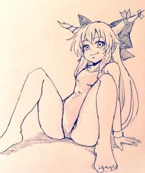 Rule 34 | 1girl, alternate costume, arm support, bare legs, barefoot, breasts, closed mouth, commentary request, covered navel, d-m (dii emu), eyelashes, fang, greyscale, looking at viewer, monochrome, one-piece swimsuit, open mouth, sitting, sketch, smile, swimsuit, toes, touhou, traditional media