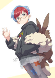Rule 34 | 1girl, backpack, bag, black-framed eyewear, black hoodie, blue hair, blush, brown background, closed mouth, commentary request, creatures (company), from side, game freak, glasses, grey eyes, grey pantyhose, hand in pocket, hand up, hood, hood down, hoodie, long sleeves, looking at viewer, looking to the side, multicolored hair, nintendo, pantyhose, penny (pokemon), pleated skirt, pokemon, pokemon sv, puffy long sleeves, puffy sleeves, red hair, round eyewear, see-through, signature, skirt, solo, standing, two-tone background, two-tone hair, tyuga, white background