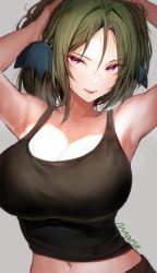 Rule 34 | 1girl, absurdres, armpits, arms up, artist name, black shirt, breasts, closed mouth, commentary request, commission, eyes visible through hair, green hair, highres, large breasts, looking at viewer, marse (rokudaime), midriff, navel, original, ponytail, purple eyes, shirt, simple background, skeb commission, sleeveless, sleeveless shirt, solo, sweat