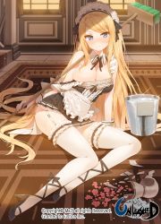 Rule 34 | 1girl, bad id, bad pixiv id, blonde hair, blue eyes, blush, breasts, broken, broom, bucket, cleavage, copyright name, detached collar, flower, garter straps, large breasts, legs, long hair, long legs, maid, maid headdress, mx2j, solo, sparkle, thighhighs, unleashed, vase, very long hair, water, watermark, white thighhighs, wrist cuffs