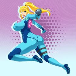 Rule 34 | abstract background, action, ass, blonde hair, blue eyes, bodysuit, breasts, devil-v, covered erect nipples, gun, highres, huge breasts, legs, long hair, long legs, looking back, metroid, ponytail, samus aran, shouting, skin tight, thigh strap, thighs, weapon, zero suit