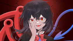 Rule 34 | 1girl, :d, asymmetrical wings, black hair, blue wings, bow, bowtie, commentary request, hand on own face, highres, houjuu nue, kuro wa shinoru, looking at viewer, medium hair, open mouth, red-framed eyewear, red bow, red bowtie, red eyes, red wings, smile, solo, touhou, upper body, wings
