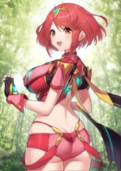 Rule 34 | 1girl, absurdres, ass, ass focus, back, blush, breasts, butt crack, chest jewel, earrings, from behind, gem, gloves, green322, headpiece, highres, jewelry, large breasts, looking at viewer, looking back, open mouth, pyra (xenoblade), red eyes, red hair, short hair, shorts, smile, solo, swept bangs, thighhighs, tiara, xenoblade chronicles (series), xenoblade chronicles 2