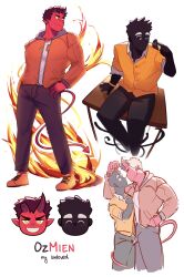 Rule 34 | 2boys, ^ ^, black hair, black pants, black skin, blush, broken horn, cardigan, chibi, chibi inset, closed eyes, colored skin, couple, cropped legs, damien lavey (monster prom), demon boy, demon horns, demon tail, eye contact, fire, full body, gael (gaelbagel), grin, hand in pocket, hand on own hip, highres, horns, jacket, looking at another, looking to the side, male focus, monster prom, multiple boys, muscular, muscular male, no mouth, one eye closed, orange jacket, oz (monster prom), pants, red skin, ship name, shirt, short hair, simple background, sitting, sitting on table, sketch, smile, tail, thick eyebrows, white background, white shirt, yaoi, yellow cardigan, yellow eyes