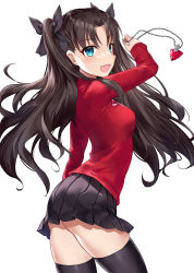 Rule 34 | 1girl, asle, black hair, black ribbon, black thighhighs, blush, comic lo, fate/stay night, fate (series), green eyes, hair ribbon, jewelry, necklace, open mouth, ribbon, simple background, skirt, solo, thighhighs, tohsaka rin, twintails, white background, zettai ryouiki