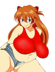 Rule 34 | 1girl, blue eyes, blush, breasts, denim, eleven929rr, fat, huge breasts, jeans, neon genesis evangelion, orange hair, pants, solo, souryuu asuka langley, thick thighs, thighs