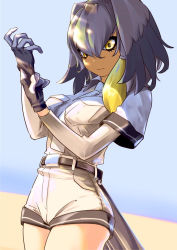 Rule 34 | 1girl, 910m27r, adjusting clothes, adjusting gloves, belt, bird tail, black hair, blonde hair, breast pocket, closed mouth, collared shirt, cowboy shot, expressionless, glove pull, gloves, grey hair, grey shirt, grey shorts, hair between eyes, hands up, kemono friends, layered sleeves, long hair, long sleeves, looking at viewer, multicolored hair, necktie, pocket, shirt, shoebill (kemono friends), short over long sleeves, short sleeves, shorts, sidelocks, solo, tail, white necktie, wing collar, yellow eyes
