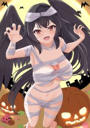 Rule 34 | 1girl, absurdres, bandages, bat (animal), bird wings, black hair, black wings, breasts, candy, feet out of frame, food, halloween, highres, jack-o&#039;-lantern, large breasts, lollipop, long hair, looking at viewer, mummy, mummy costume, naked bandage, navel, o1118, open mouth, red eyes, reiuji utsuho, solo, standing, third eye, touhou, wings