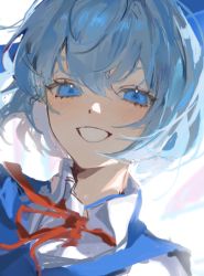 Rule 34 | 1girl, blue bow, blue dress, blue eyes, blue hair, blush, bow, bowtie, cirno, closed mouth, collared shirt, commentary request, dress, hair between eyes, highres, ice, ice wings, looking at viewer, pkokonatu, red bow, red bowtie, shirt, short hair, short sleeves, smile, solo, teeth, touhou, upper body, white shirt, wings