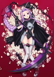 Rule 34 | 1girl, armor, arms up, black capelet, black cloak, black footwear, black gloves, black leotard, boots, bow, braid, breastplate, capelet, chain, cloak, collar, commentary request, dousunnen, fate/grand order, fate (series), flower, forehead, full body, gloves, gluteal fold, hair bow, hair intakes, highres, hood, hooded cloak, legs, leotard, long braid, long hair, lying, medusa (fate), medusa (lancer) (fate), medusa (rider) (fate), on back, purple eyes, purple hair, red background, red collar, ribbon, rider, scythe, simple background, solo, thigh gap, thigh strap, thighhighs, thighs, very long hair, weapon, white thighhighs