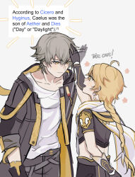 Rule 34 | 2boys, aether (genshin impact), ahoge, blonde hair, braid, caelus (honkai: star rail), commentary, company connection, earrings, english commentary, english text, genshin impact, gloves, grey hair, hair between eyes, hane (odeu), headpat, height difference, highres, honkai: star rail, honkai (series), hood, hoodie, jewelry, male focus, mihoyo, motion blur, multiple boys, name connection, open mouth, scarf, short sleeves, single braid, single earring, sweatdrop, trailblazer (honkai: star rail), white scarf, yellow eyes