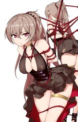 Rule 34 | 1girl, absurdres, alternate breast size, ankle cuffs, arm behind back, arms behind back, azur lane, backless dress, backless outfit, bdsm, bondage, bound, box tie, breast bondage, breasts, brown hair, cross, crotch rope, dress, glaring, highres, jean bart (azur lane), jean bart (uninhibited bloodstone) (azur lane), kinbakuman, large breasts, long hair, looking at viewer, ponytail, red eyes, restrained, simple background, thick thighs, thigh strap, thighs, white background