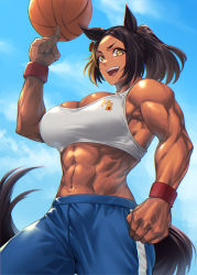 Rule 34 | 1girl, abs, ball, basketball, basketball (object), black hair, breasts, character request, copyright request, dark-skinned female, dark skin, feet out of frame, highres, horse girl, large breasts, midriff, mikel (4hands), muscular, muscular female, navel, open mouth, outdoors, pants, ponytail, sidelocks, sky, smile, solo, sports bra, stomach, tail, teeth, tongue, track pants, umamusume, umamusume: cinderella gray, upper teeth only, wristband, yellow eyes
