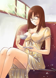 Rule 34 | 00s, 1girl, bad id, bad pixiv id, breasts, brown eyes, brown hair, couch, cup, dress, female focus, glasses, indoors, k-on!, long hair, rainsp, saucer, sitting, solo, teacup, yamanaka sawako