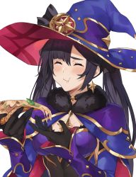 Rule 34 | 1girl, black hair, blush, breasts, cape, chewing, choker, closed eyes, commentary, earrings, eating, food, food on face, fur collar, genshin impact, gloves, gold trim, hair between eyes, hat, hat ornament, highres, holding, holding food, jewelry, kamu (kamuuei), leaf, medium breasts, mona (genshin impact), mushroom, pizza, pizza slice, simple background, solo, twintails, upper body, white background, witch, witch hat
