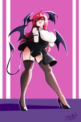 Rule 34 | 1girl, blush, demon girl, demon tail, demon wings, female focus, fishnet thighhighs, fishnets, full body, garter straps, head wings, high heels, highres, koakuma, long hair, looking at viewer, red eyes, red hair, solo, standing, tail, thighhighs, touhou, wings, zedrin