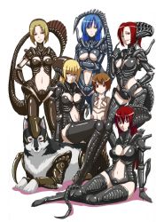 Rule 34 | 6+girls, age difference, alien, alien (1979), alien (1979), alien (series), aliens (1986), armor, black gloves, black legwear, blonde hair, blue hair, bob cut, boots, breasts, brown hair, carapace, claws, cleavage, cleavage cutout, clothing cutout, colored sclera, cosplay, costume, crossed arms, curvy, dog, edo tatsuki, elbow gloves, facehugger, finger to mouth, flat chest, frown, glasses, gloves, grin, hair between eyes, hand on own hip, hands on own hips, helmet, highres, index finger raised, large breasts, leotard, light brown hair, light smile, long hair, looking at viewer, midriff, multiple girls, navel, navel cutout, parted bangs, pauldrons, personification, red eyes, red hair, red sclera, shadow, short hair, shoulder armor, side cutout, simple background, sitting, smile, tail, thigh boots, thighhighs, turtleneck, underboob, vambraces, white background, wide hips, xenomorph, yokozuwari, zettai ryouiki