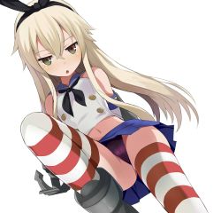 Rule 34 | 1girl, anchor hair ornament, bad id, bad twitter id, black neckerchief, black panties, blonde hair, blue skirt, buttons, crop top, elbow gloves, gloves, grey eyes, hair between eyes, hair ornament, highres, kantai collection, long hair, looking to the side, miniskirt, neckerchief, panties, pleated skirt, shimakaze (kancolle), shimejinameko, simple background, sitting, skirt, solo, striped clothes, striped thighhighs, thighhighs, underwear, white background, white gloves, yokozuwari