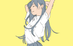 Rule 34 | 1girl, arm behind head, arms up, closed mouth, collared shirt, commentary request, closed eyes, grey hair, grey skirt, highres, long hair, original, pleated skirt, school uniform, shiki haru, shirt, shirt tucked in, short sleeves, simple background, skirt, smile, solo, stretching, tearing up, upper body, white shirt, yellow background