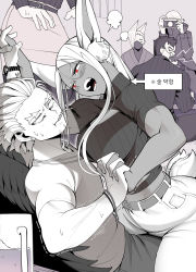 Rule 34 | 1girl, 5boys, absurdres, animal ears, assertive female, belt, blank eyes, blush, boku no hero academia, bracelet, casual, character request, cleavage cutout, clothing cutout, food in mouth, hawks (boku no hero academia), hetero, highres, holding hands, interlocked fingers, jewelry, koyap, limited palette, long hair, mirko, multiple boys, open mouth, pants, rabbit ears, rabbit tail, red eyes, shirt, sweater, tail, tail wagging, translation request, trembling, turtleneck, turtleneck sweater
