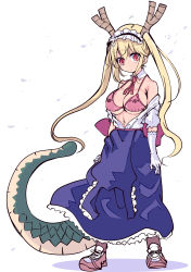 Rule 34 | 1girl, absurdres, arms at sides, bare shoulders, blonde hair, blue skirt, bra, breasts, cleavage, cool-kyou shinja, detached collar, dragon girl, dragon horns, dragon tail, elbow gloves, frilled skirt, frills, gloves, highres, horns, kobayashi-san chi no maidragon, large breasts, large tail, legs apart, long hair, long skirt, maid headdress, navel, necktie, off shoulder, open clothes, open shirt, pink bra, pink necktie, red eyes, shirt, shoes, simple background, sketch, skirt, slit pupils, sneakers, solo, tail, tareme, tohru (maidragon), twintails, unbuttoned, unbuttoned shirt, underwear, white background, white gloves, white shirt
