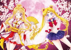 Rule 34 | 2girls, :d, bishoujo senshi sailor moon, blonde hair, blue eyes, blue sailor collar, blue skirt, bow, brooch, cherry blossoms, choker, circlet, closed mouth, company connection, cowboy shot, crescent, crescent earrings, cross, crossover, double bun, earrings, elbow gloves, folding fan, full moon, gloves, hair bun, hair intakes, hair ornament, hair ribbon, hairpin, hand fan, holding, holding wand, jewelry, kaitou jeanne, kamikaze kaitou jeanne, kusakabe maron, long hair, looking at viewer, magical girl, moon, moon stick, multiple girls, obi, one eye closed, open mouth, parted bangs, pink background, pink moon, pleated skirt, ponytail, purple eyes, red bow, red neckwear, red ribbon, red skirt, resolution mismatch, ribbon, sailor collar, sailor moon, sailor senshi uniform, sarashina kau, sash, skirt, smile, source smaller, toei animation, tsukino usagi, twintails, wand, white gloves
