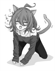 1girl agnes_tachyon_(umamusume) ahoge alternate_animal_ears alternate_tail animal_ears bra_strap cat_ears cat_tail collarbone fangs greyscale hair_between_eyes jewelry kaho_(ramb) kneeling long_hair long_sleeves mole mole_under_eye monochrome necklace open_mouth simple_background sleeves_past_wrists solo tail tears translation_request umamusume yawning