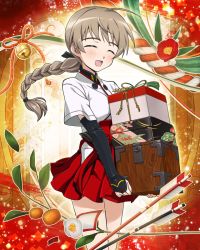 Rule 34 | 1girl, artist request, blush, braid, closed eyes, gift, hakama, hakama short skirt, hakama skirt, holding, holding gift, japanese clothes, lynette bishop, miko, new year, official art, open mouth, short sleeves, skirt, solo, strike witches, world witches series