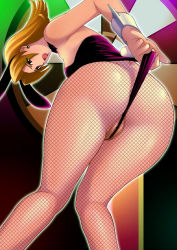 Rule 34 | 1girl, animal ears, ass, between labia, blonde hair, bow, bowtie, rabbit ears, rabbit tail, detached collar, earrings, fake animal ears, fishnet pantyhose, fishnets, frontal wedgie, jewelry, koutaro, pussy, leotard, leotard pull, long hair, looking at viewer, looking back, non-web source, official art, open mouth, pantyhose, partially visible vulva, playboy bunny, playboy bunny, solo, strapless, strapless leotard, super blackjack, tail, tiffany abbott, wedgie, wrist cuffs
