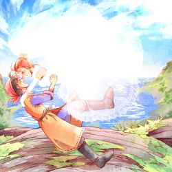 Rule 34 | 1boy, 1girl, atom (@tom), bandana, blue sky, boots, brown hair, couple, dragon quest, dragon quest viii, dress, happy, hero (dq8), jessica albert, jumping, looking at another, ocean, sky, smile, spoilers, water, wedding dress