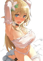Rule 34 | 1girl, armpits, arms up, bandeau, bare shoulders, bdsm, blonde hair, blue eyes, blush, bondage, bound, bra, breasts, breath, chain, cleavage, collar, cuffs, elbow gloves, elf, gloves, hair between eyes, heavy breathing, kekemotsu, large breasts, legs together, long hair, looking at viewer, navel, open mouth, original, panties, pointy ears, restrained, seiza, shackles, single thighhigh, sitting, sketch, slave, smile, solo, strapless, strapless bra, sweat, thighhighs, thighs, tongue, tongue out, underwear, underwear only, wariza, white bra, white gloves, white panties, white thighhighs