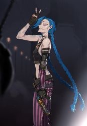 Rule 34 | absurdres, arcane: league of legends, arcane jinx, arm tattoo, artistic error, blue hair, braid, crop top, fingerless gloves, fog, gloves, gun, handgun, highres, jinx (league of legends), league of legends, looking at viewer, night, pants, ratatatat74, solo, standing, striped clothes, striped pants, tattoo, twin braids, twintails, weapon