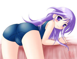Rule 34 | 00s, 1boy, :3, ass, bent over, blush, bulge, crossdressing, from behind, happiness!, long hair, looking back, male focus, neopure, one-piece swimsuit, purple eyes, purple hair, school swimsuit, smile, solo, swimsuit, trap, watarase jun