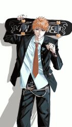 Rule 34 | 1boy, bleach, brown eyes, closed mouth, collared jacket, collared shirt, copyright name, earrings, formal, hand up, highres, holding, holding skateboard, jacket, jewelry, kurosaki ichigo, lip ring, long sleeves, male focus, multiple earrings, necktie, open clothes, open jacket, orange hair, red necktie, ring, shadow, shirt, skateboard, solo, spiked hair, suit, untucked shirt, whiowl, white shirt