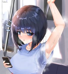 Rule 34 | 1girl, :o, absurdres, arm up, armpits, black hair, blue eyes, blue shirt, blunt bangs, blush, breasts, cellphone, collarbone, embarrassed, highres, holding, holding phone, large breasts, looking to the side, medium hair, michinoku (michino934), original, phone, shirt, short sleeves, signature, smartphone, solo, steaming body, surprised, sweat, sweat stain, nervous sweating, t-shirt, train interior, upper body