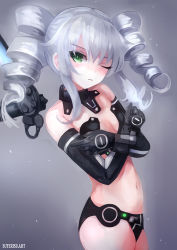 Rule 34 | 1girl, black sister, blush, breasts, drill hair, elbow gloves, gloves, green eyes, heart, long hair, looking at viewer, navel, neptune (series), one eye closed, small breasts, solo, suterisu, symbol-shaped pupils, twin drills, uni (neptunia), white hair